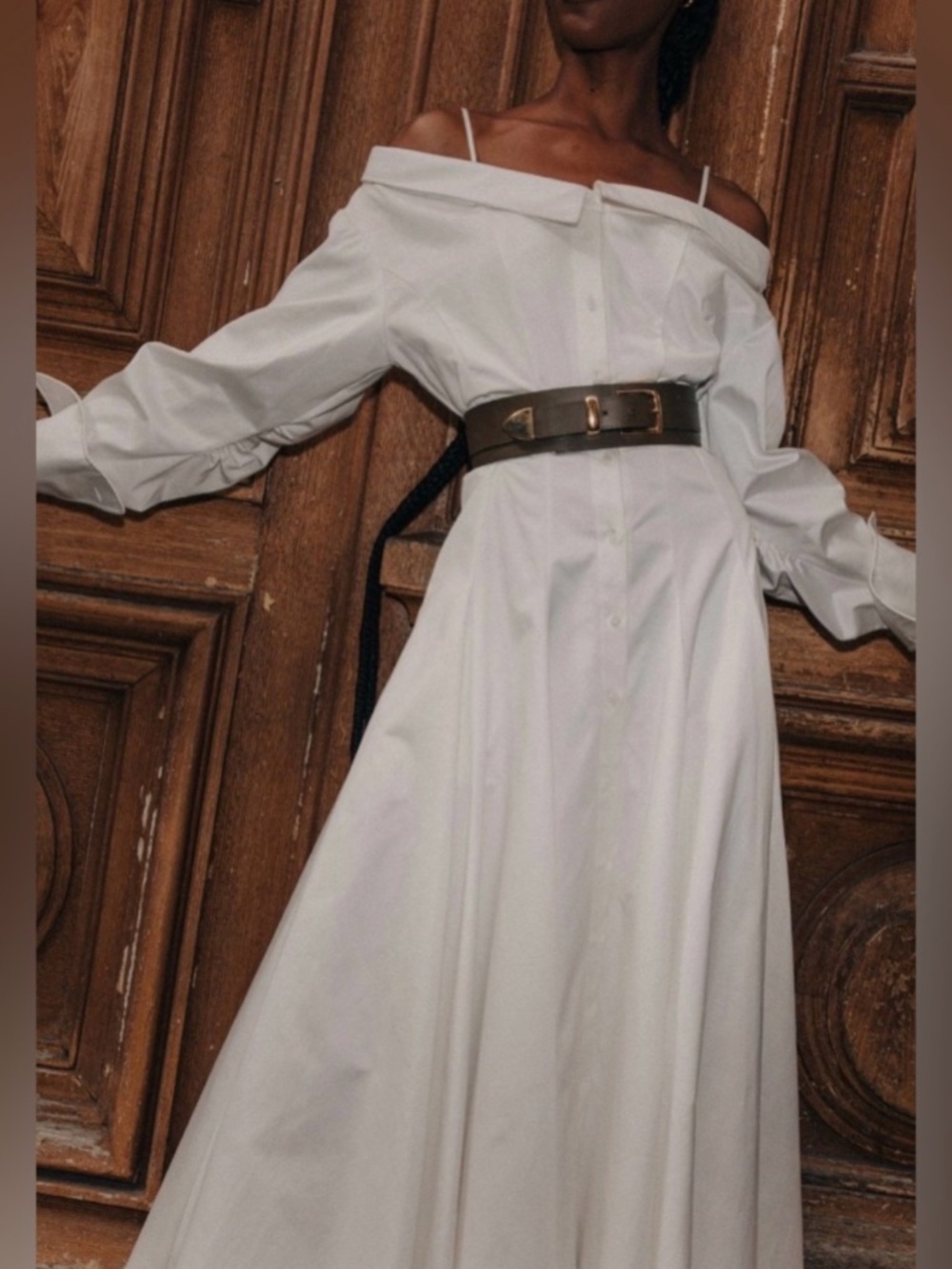 NWT Brandon Maxwell Off-Shoulder White Sz 6 Long Sleeve Cotton Midi Shirtdress - Picture 7 of 9